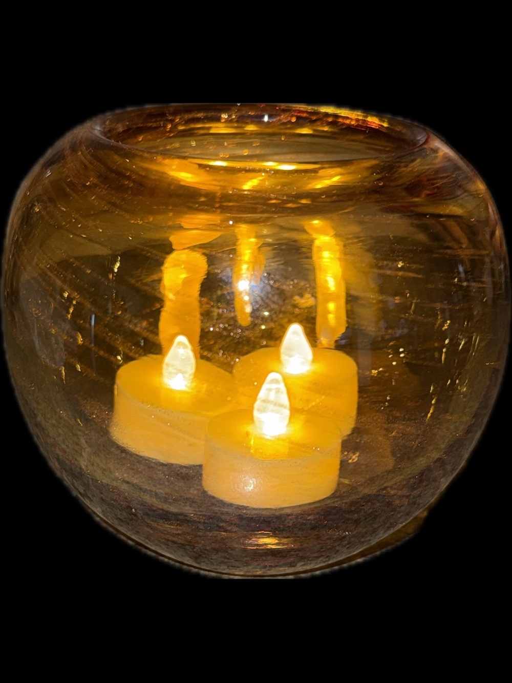 Vintage, hand-blown amber art glass rose bowl or bubble vase.
